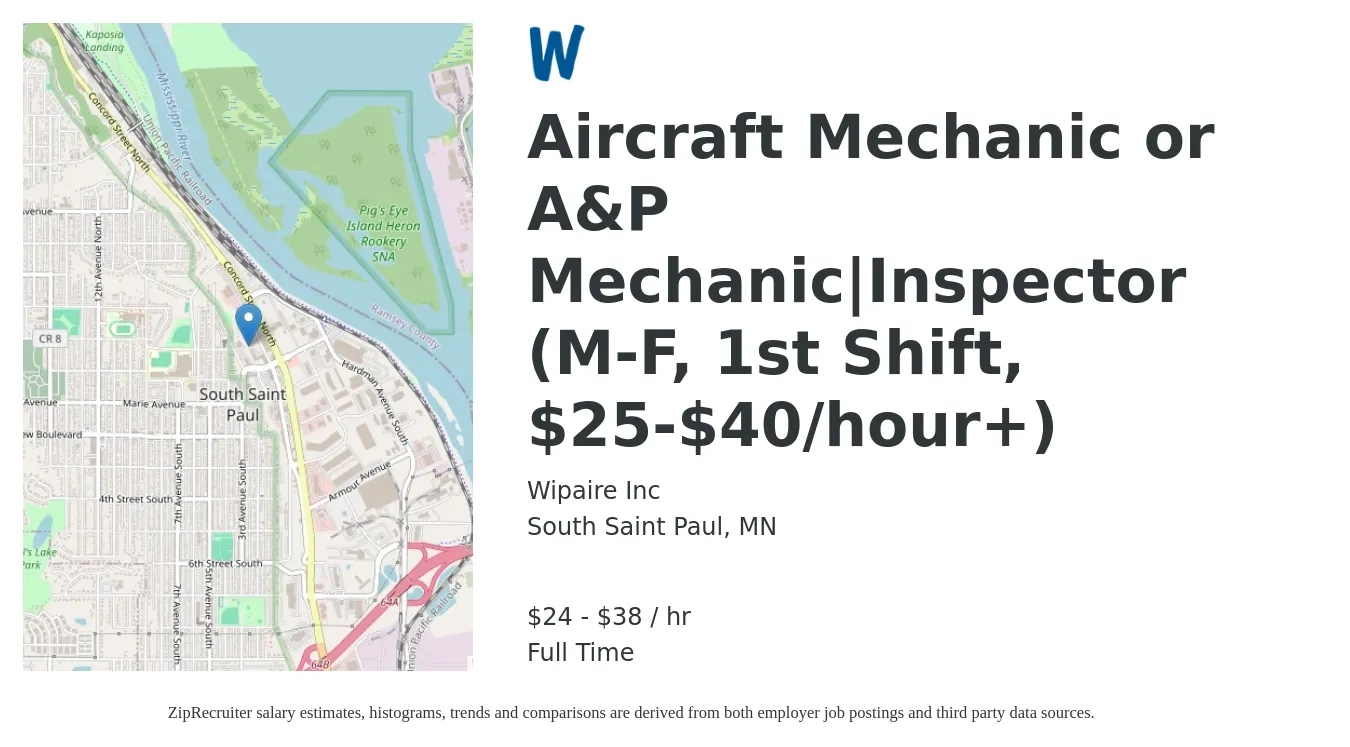 Wipaire Inc job posting for a Aircraft Mechanic or A&P Mechanic|Inspector (M-F, 1st Shift, $25-$40/hour+) in South Saint Paul, MN with a salary of $25 to $40 Hourly with a map of South Saint Paul location.
