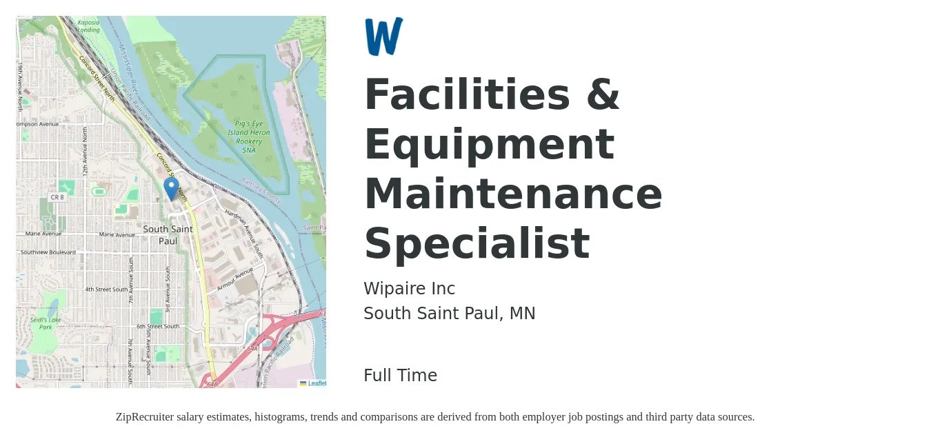Wipaire Inc job posting for a Facilities & Equipment Maintenance Specialist in South Saint Paul, MN with a salary of $21 to $29 Hourly with a map of South Saint Paul location.
