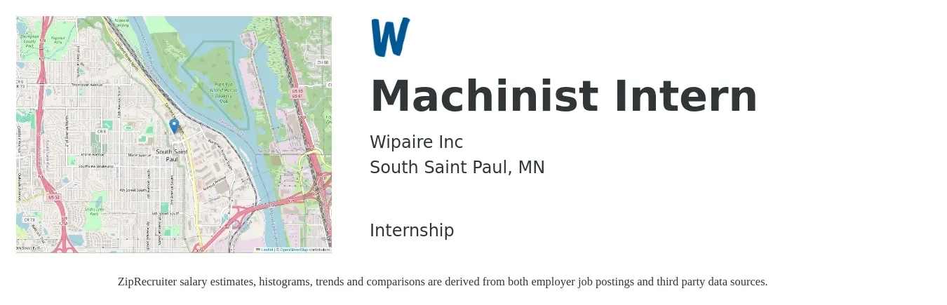 Wipaire Inc job posting for a Machinist Intern in South Saint Paul, MN with a salary of $33,200 to $47,000 Yearly with a map of South Saint Paul location.