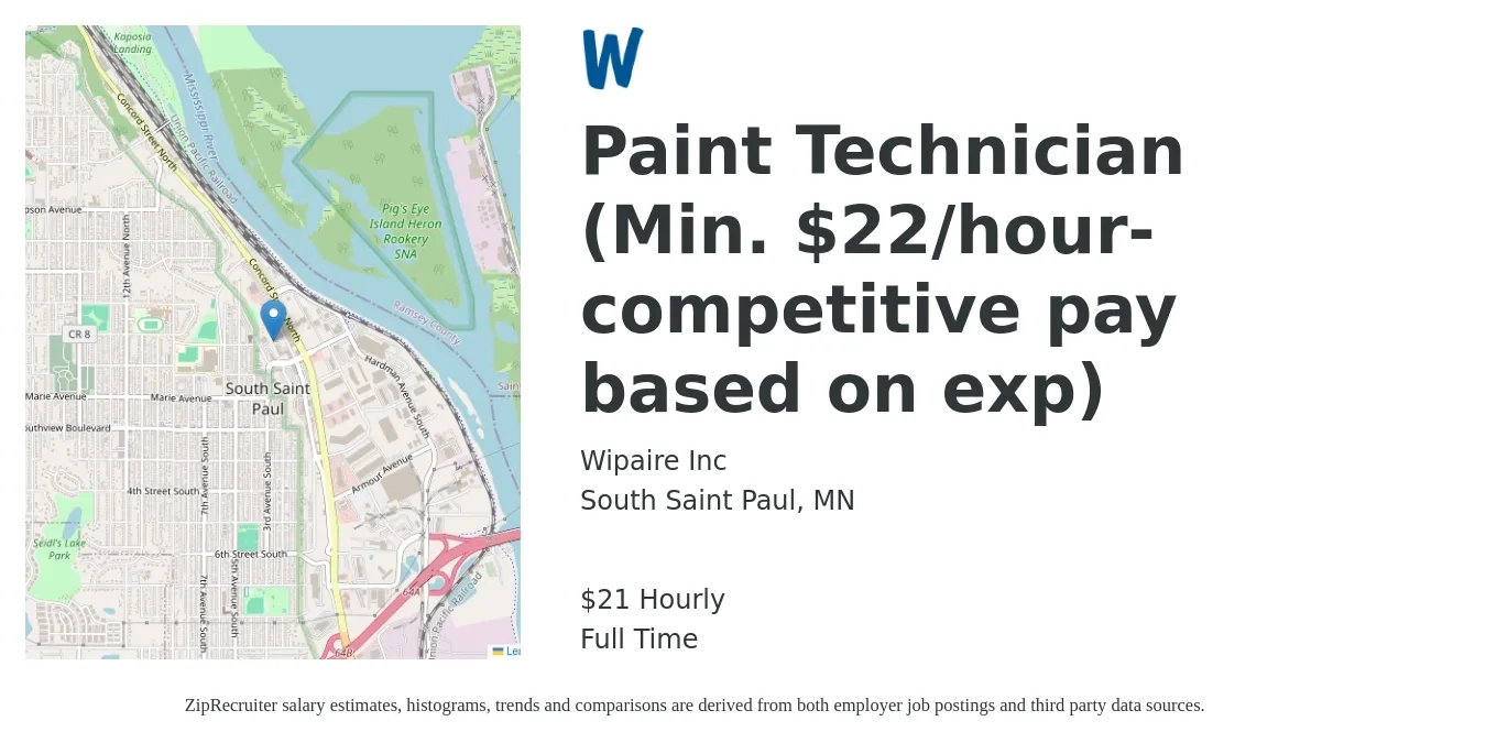 Wipaire Inc job posting for a Paint Technician (Min. $22/hour-competitive pay based on exp) in South Saint Paul, MN with a salary of $22 Hourly with a map of South Saint Paul location.