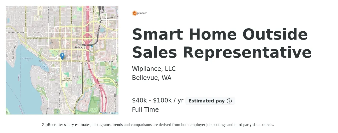 Wipliance, LLC job posting for a Smart Home Outside Sales Representative in Bellevue, WA with a salary of $40,000 to $100,000 Yearly with a map of Bellevue location.