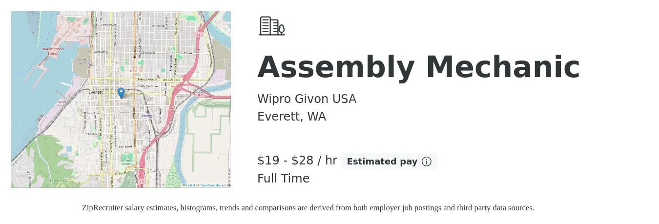 Wipro Givon USA job posting for a Assembly Mechanic in Everett, WA with a salary of $20 to $30 Hourly with a map of Everett location.