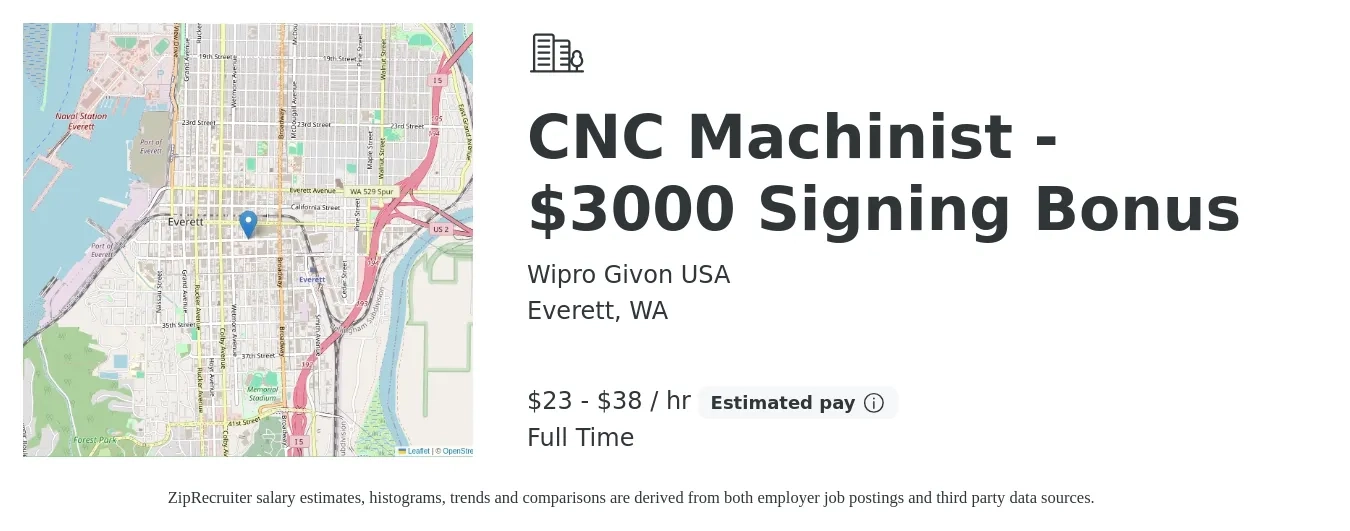 Wipro Givon USA job posting for a CNC Machinist - $3000 Signing Bonus in Everett, WA with a salary of $24 to $40 Hourly with a map of Everett location.