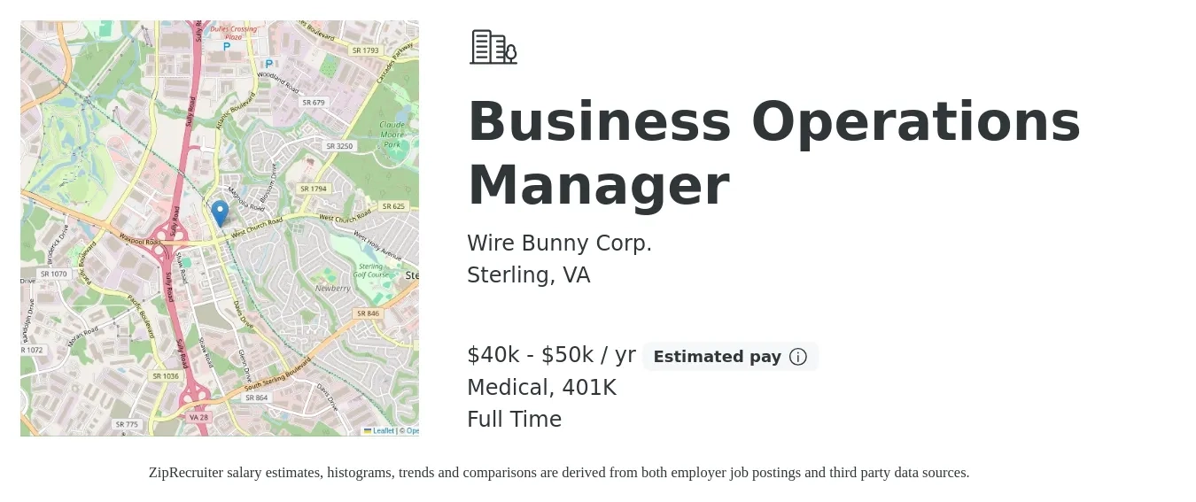 Wire Bunny Corp. job posting for a Business Operations Manager in Sterling, VA with a salary of $40,000 to $50,000 Yearly and benefits including 401k, and medical with a map of Sterling location.