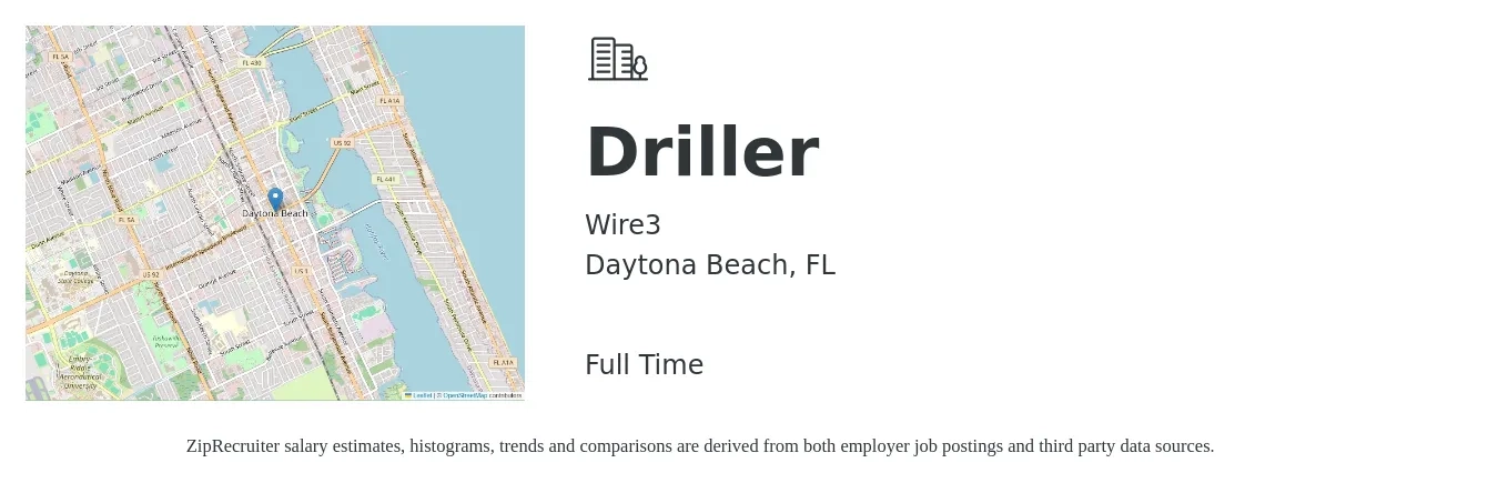 Wire3 job posting for a Driller in Daytona Beach, FL with a salary of $20 to $24 Hourly with a map of Daytona Beach location.