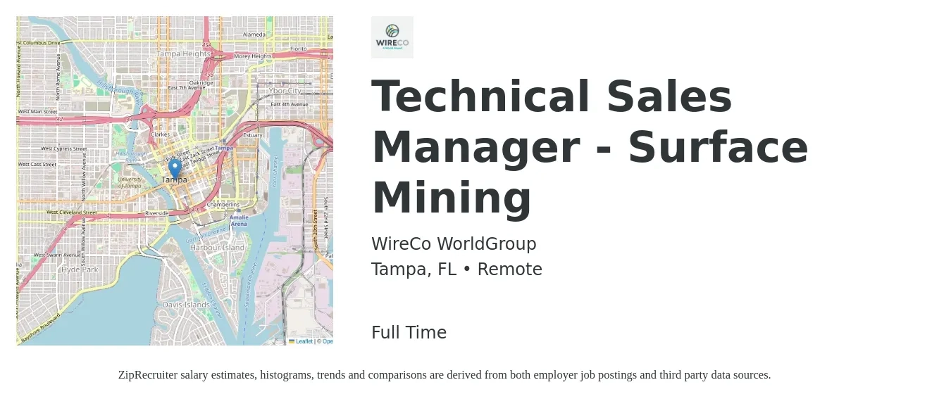 WireCo WorldGroup job posting for a Technical Sales Manager - Surface Mining in Tampa, FL with a salary of $82,700 to $110,100 Yearly with a map of Tampa location.