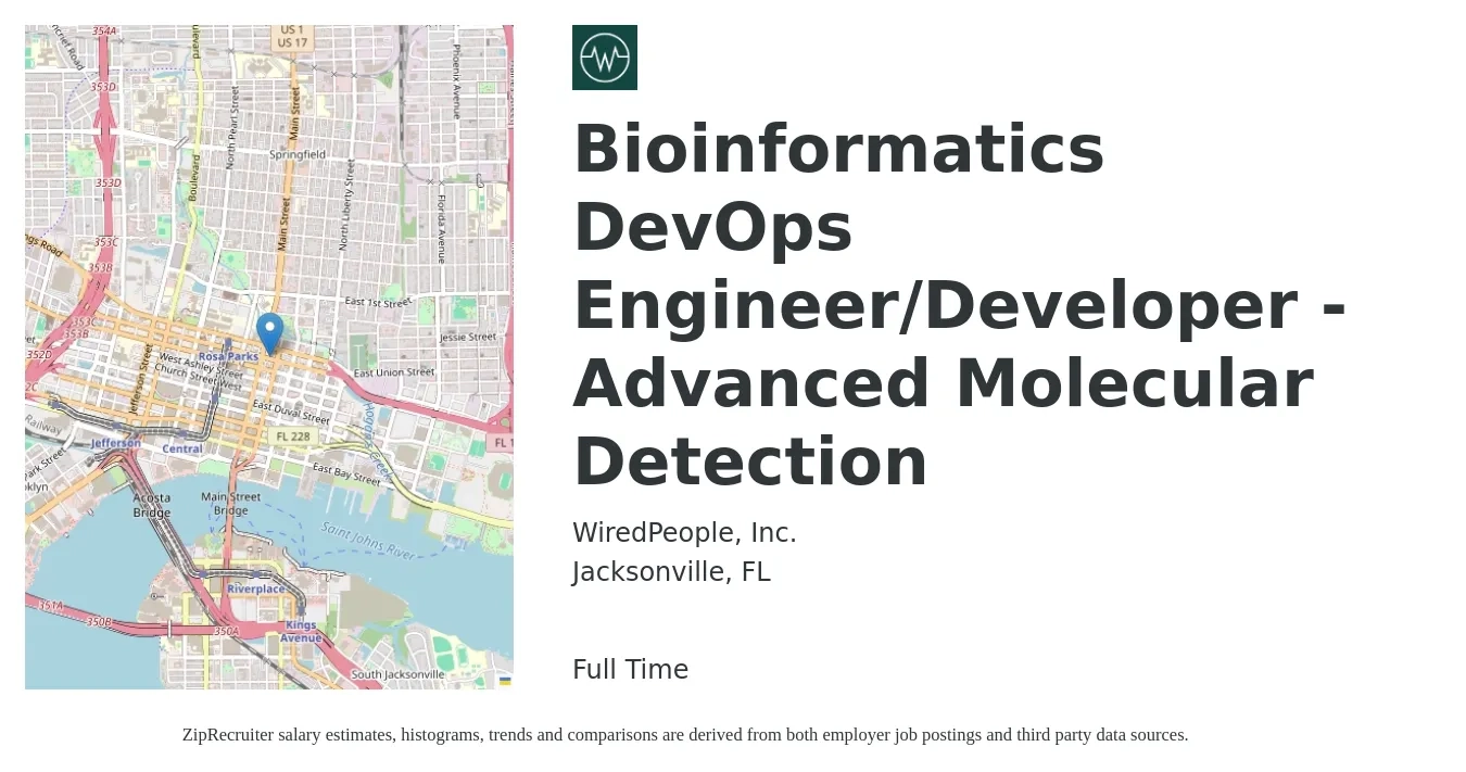 WiredPeople, Inc. job posting for a Bioinformatics DevOps Engineer/Developer - Advanced Molecular Detection in Jacksonville, FL with a salary of $89,000 to $145,500 Yearly with a map of Jacksonville location.