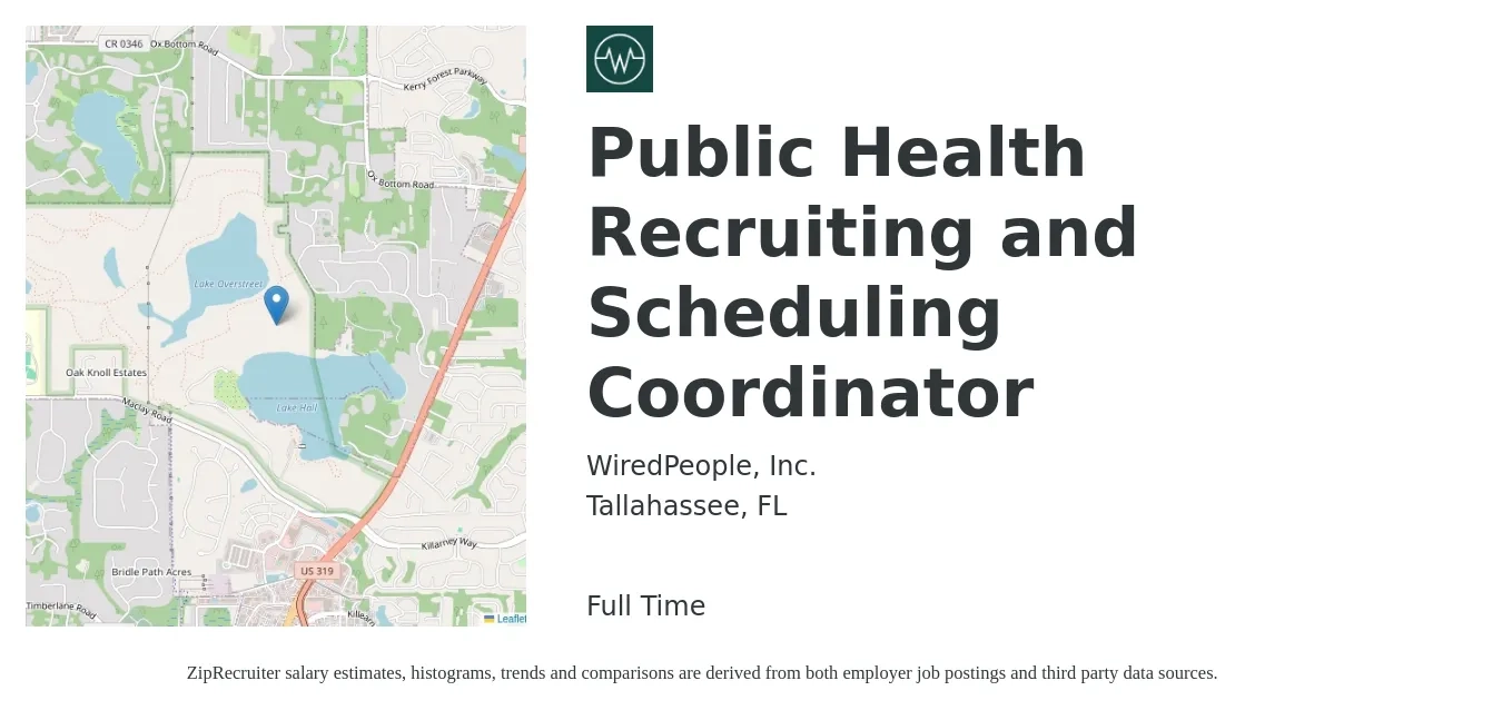 WiredPeople, Inc. job posting for a Public Health Recruiting and Scheduling Coordinator in Tallahassee, FL with a salary of $18 to $22 Hourly with a map of Tallahassee location.