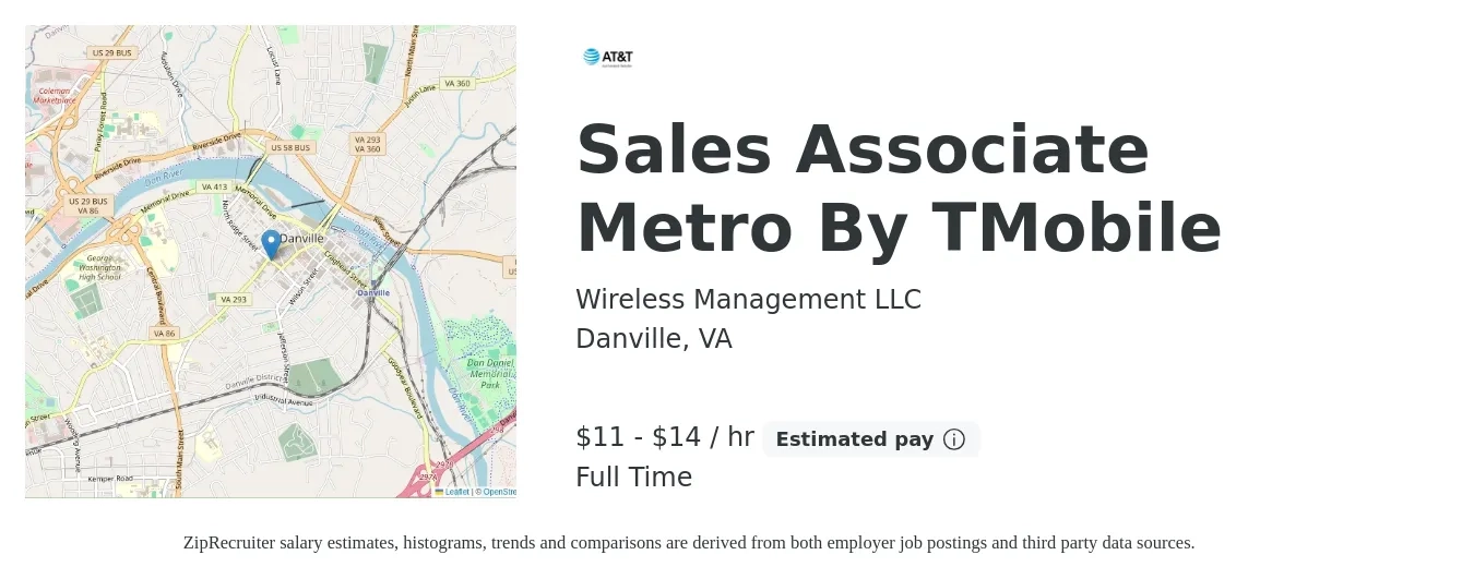 Wireless Management LLC job posting for a Sales Associate Metro By TMobile in Danville, VA with a salary of $12 to $15 Hourly with a map of Danville location.