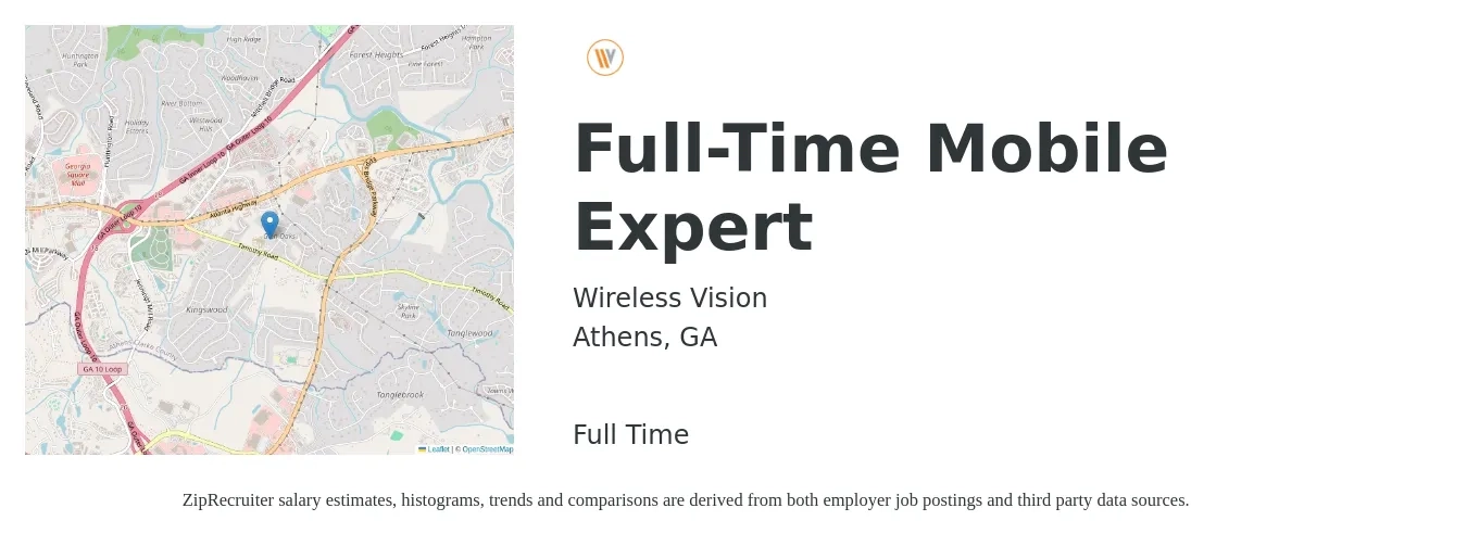 Wireless Vision job posting for a Full-Time Mobile Expert in Athens, GA with a salary of $13 to $18 Hourly with a map of Athens location.