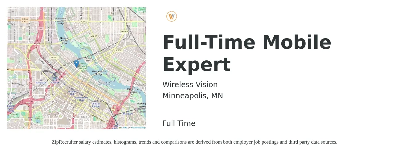 Wireless Vision job posting for a Full-Time Mobile Expert in Minneapolis, MN with a salary of $15 to $20 Hourly with a map of Minneapolis location.