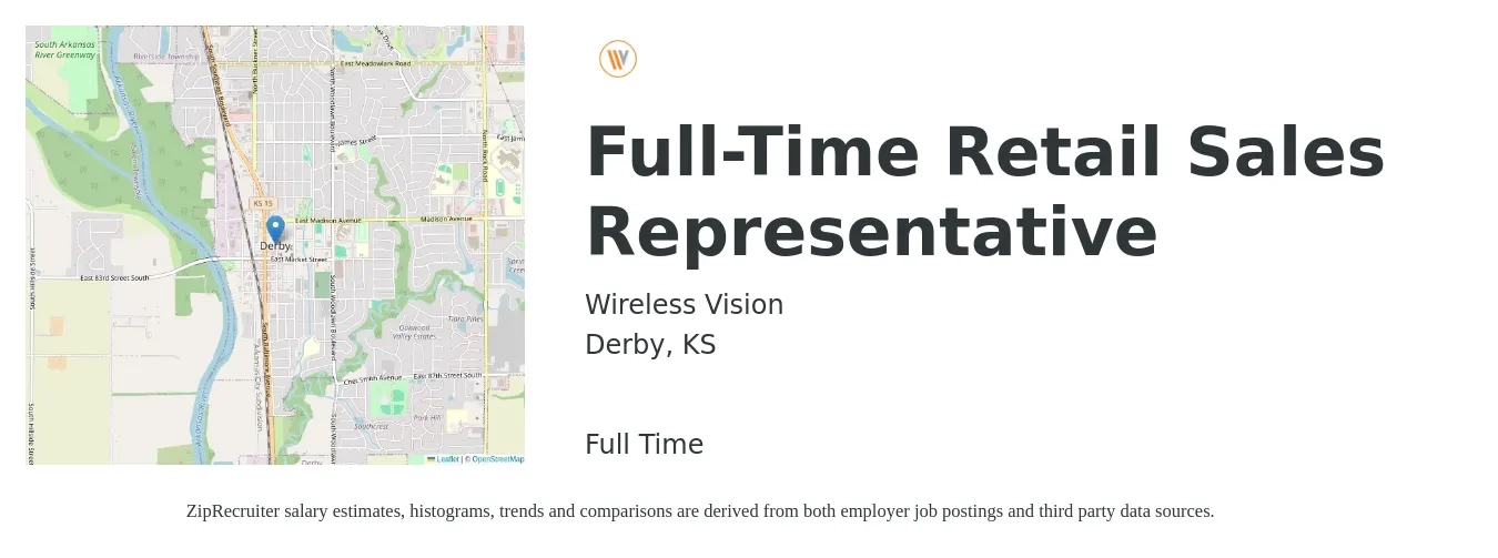 Wireless Vision job posting for a Full-Time Retail Sales Representative in Derby, KS with a salary of $14 to $20 Hourly with a map of Derby location.