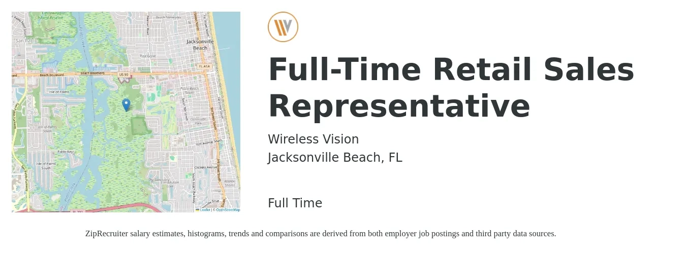 Wireless Vision job posting for a Full-Time Retail Sales Representative in Jacksonville Beach, FL with a salary of $14 to $20 Hourly with a map of Jacksonville Beach location.