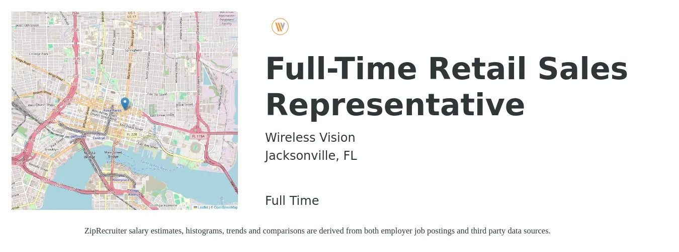 Wireless Vision job posting for a Full-Time Retail Sales Representative in Jacksonville, FL with a salary of $13 to $19 Hourly with a map of Jacksonville location.