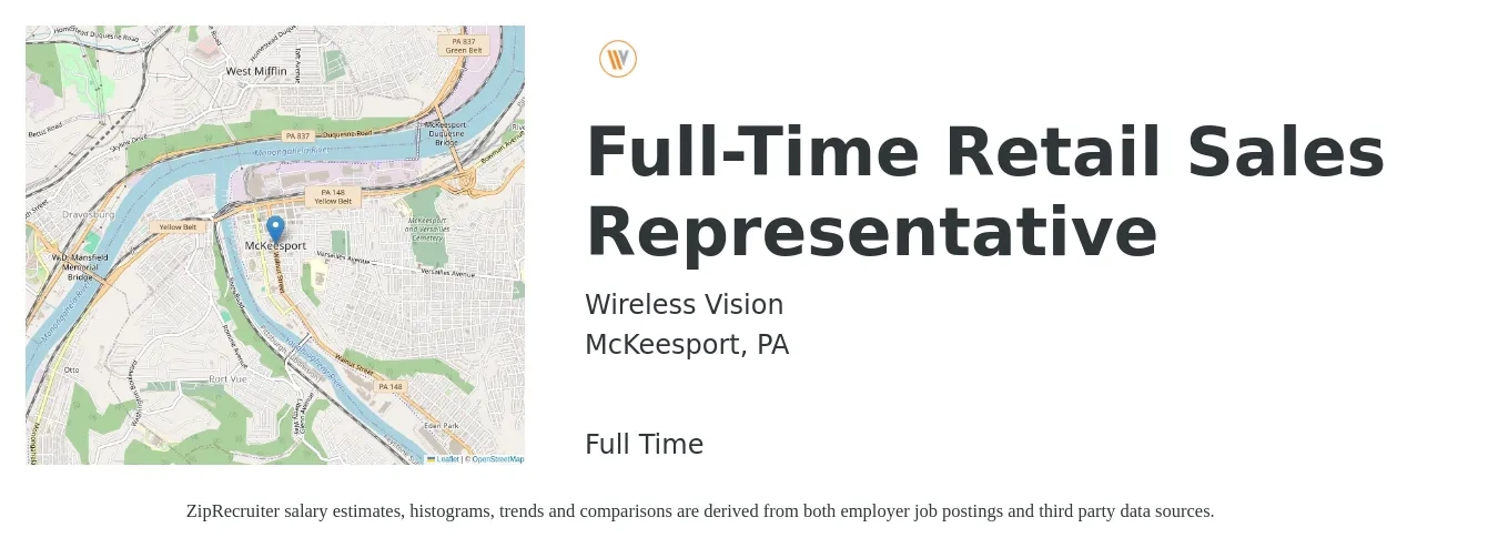 Wireless Vision job posting for a Full-Time Retail Sales Representative in McKeesport, PA with a salary of $16 to $19 Hourly with a map of McKeesport location.