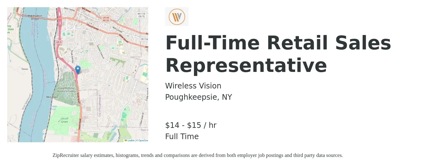 Wireless Vision job posting for a Full-Time Retail Sales Representative in Poughkeepsie, NY with a salary of $15 to $16 Hourly with a map of Poughkeepsie location.