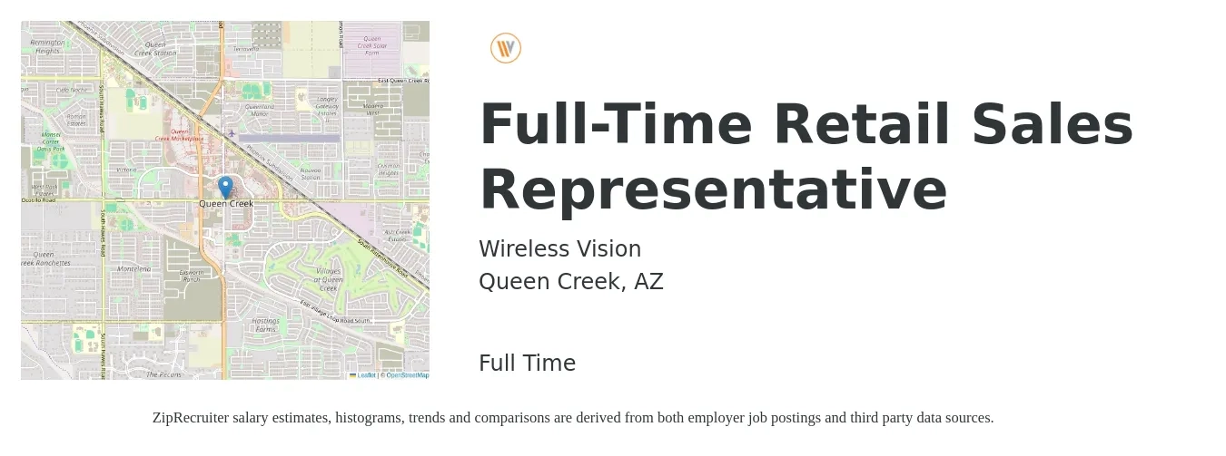 Wireless Vision job posting for a Full-Time Retail Sales Representative in Queen Creek, AZ with a salary of $15 to $22 Hourly with a map of Queen Creek location.