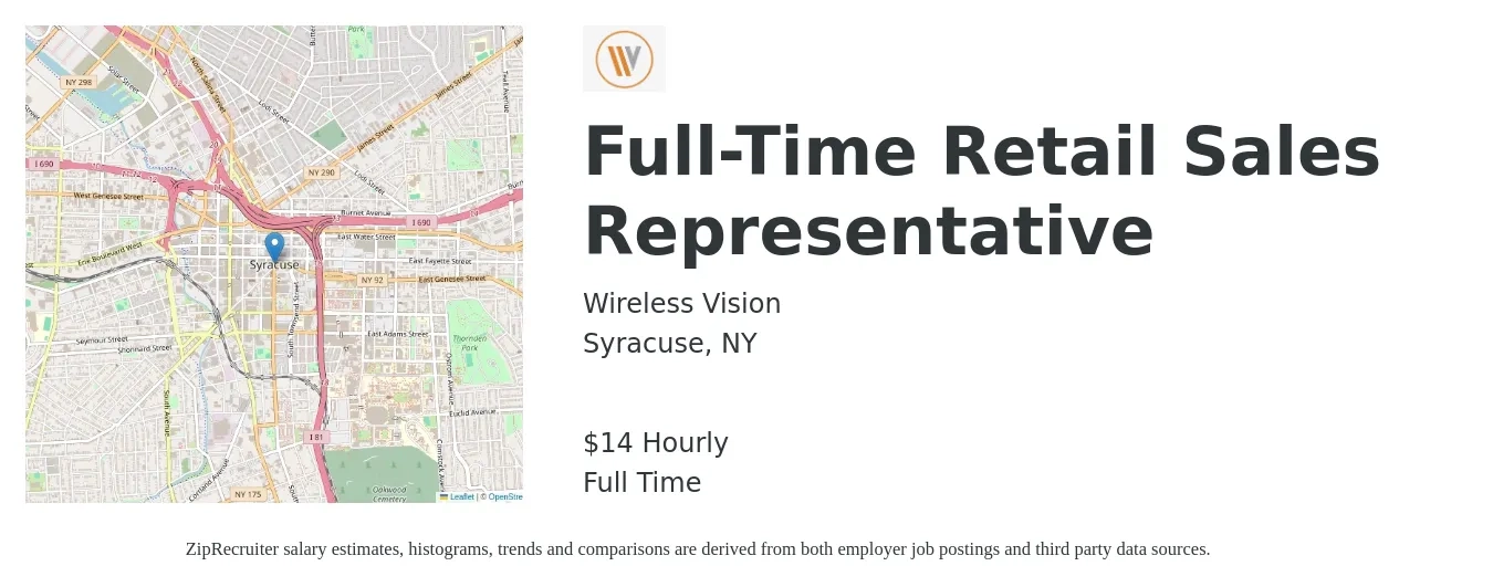 Wireless Vision job posting for a Full-Time Retail Sales Representative in Syracuse, NY with a salary of $15 Hourly with a map of Syracuse location.