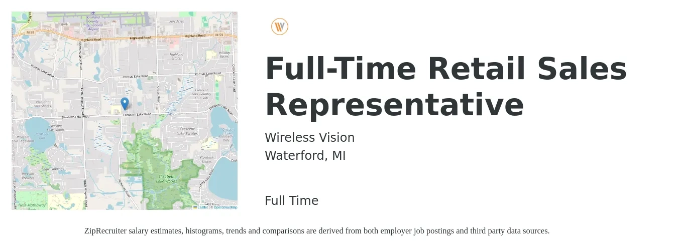 Wireless Vision job posting for a Full-Time Retail Sales Representative in Waterford, MI with a salary of $14 to $20 Hourly with a map of Waterford location.