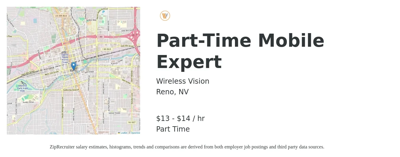 Wireless Vision job posting for a Part-Time Mobile Expert in Reno, NV with a salary of $14 to $15 Hourly with a map of Reno location.