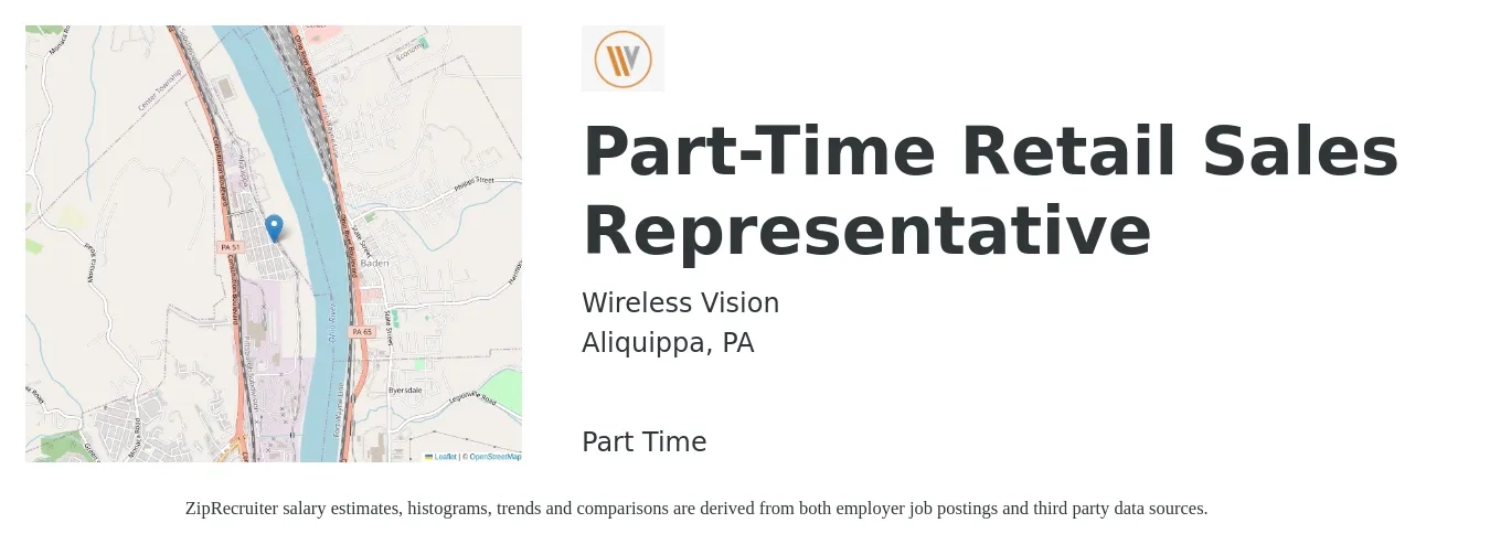 Wireless Vision job posting for a Part-Time Retail Sales Representative in Aliquippa, PA with a salary of $14 to $21 Hourly with a map of Aliquippa location.