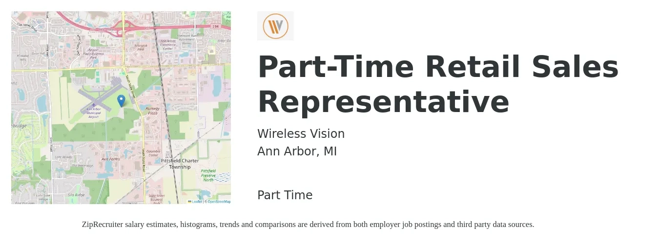 Wireless Vision job posting for a Part-Time Retail Sales Representative in Ann Arbor, MI with a salary of $15 to $22 Hourly with a map of Ann Arbor location.