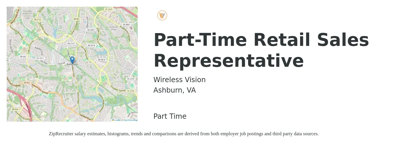 Wireless Vision job posting for a Part-Time Retail Sales Representative in Ashburn, VA with a salary of $15 to $23 Hourly with a map of Ashburn location.