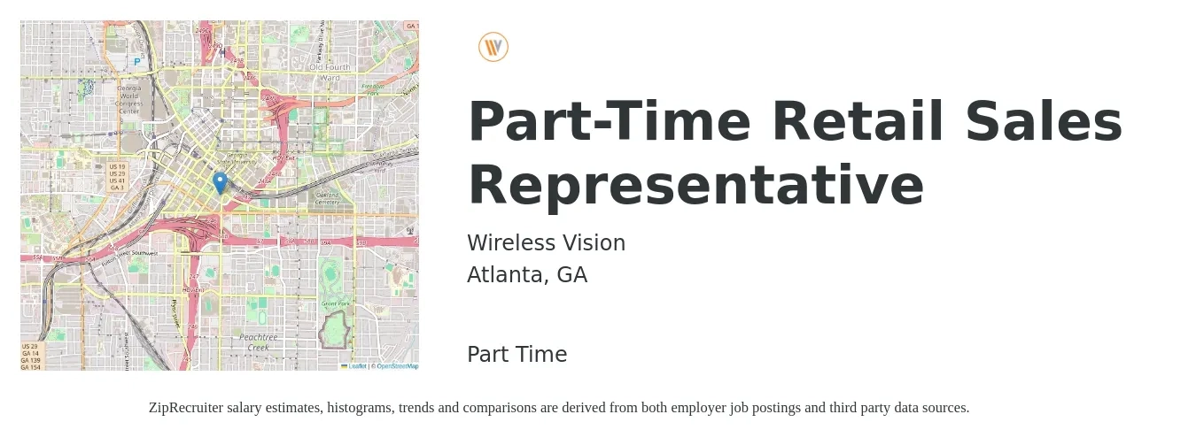 Wireless Vision job posting for a Part-Time Retail Sales Representative in Atlanta, GA with a salary of $14 to $21 Hourly with a map of Atlanta location.