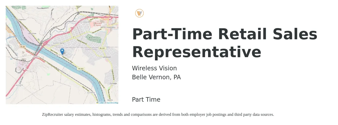 Wireless Vision job posting for a Part-Time Retail Sales Representative in Belle Vernon, PA with a salary of $13 to $19 Hourly with a map of Belle Vernon location.