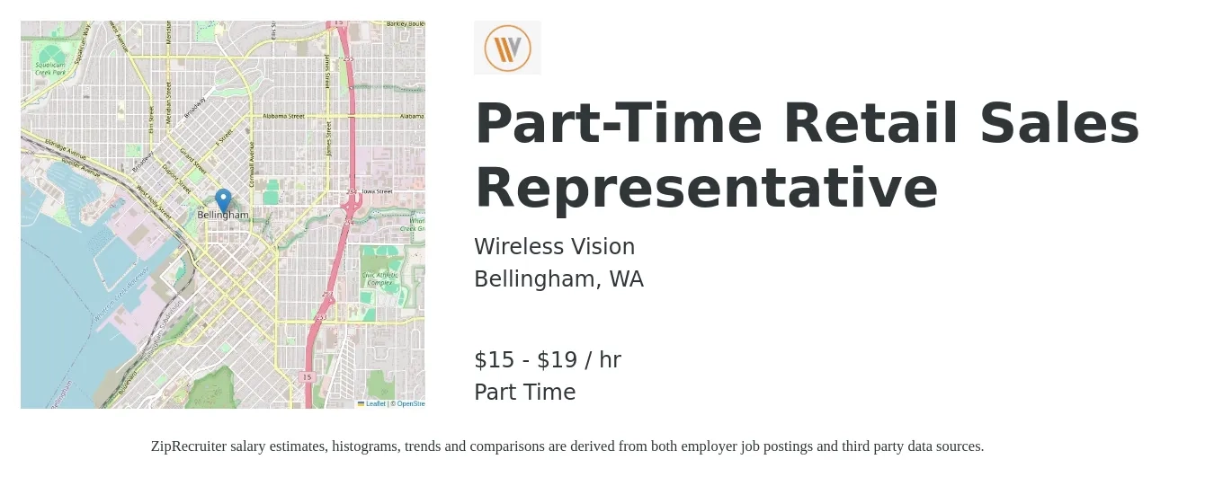 Wireless Vision job posting for a Part-Time Retail Sales Representative in Bellingham, WA with a salary of $17 to $20 Hourly with a map of Bellingham location.