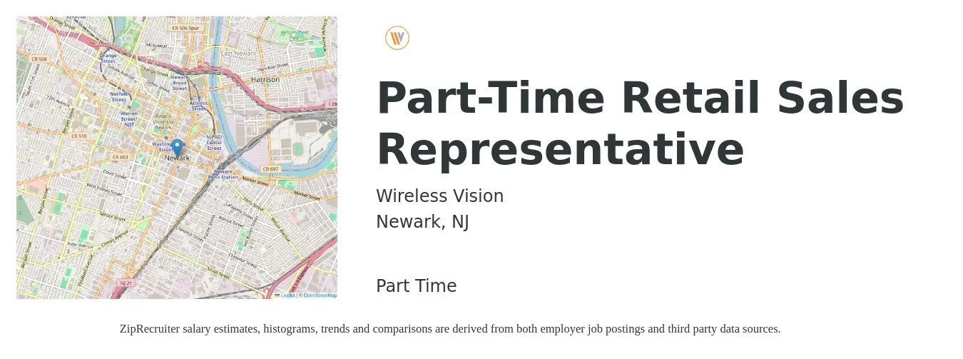 Wireless Vision job posting for a Part-Time Retail Sales Representative in Newark, NJ with a salary of $16 to $23 Hourly with a map of Newark location.