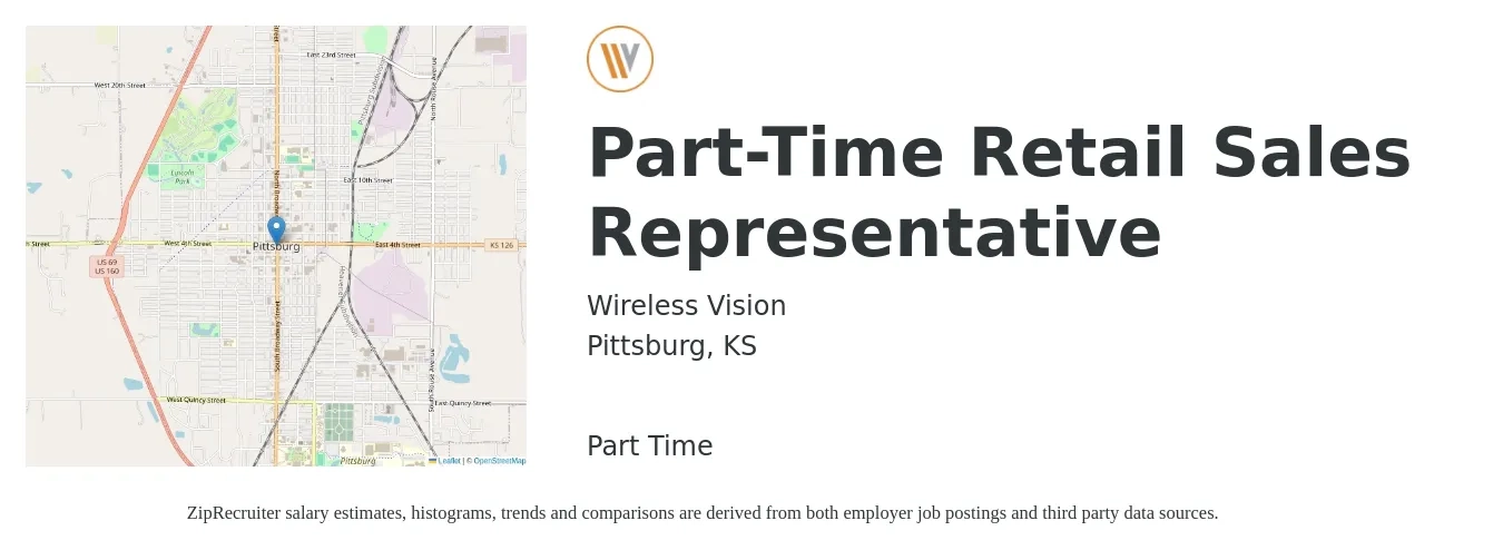 Wireless Vision job posting for a Part-Time Retail Sales Representative in Pittsburg, KS with a salary of $12 to $17 Hourly with a map of Pittsburg location.