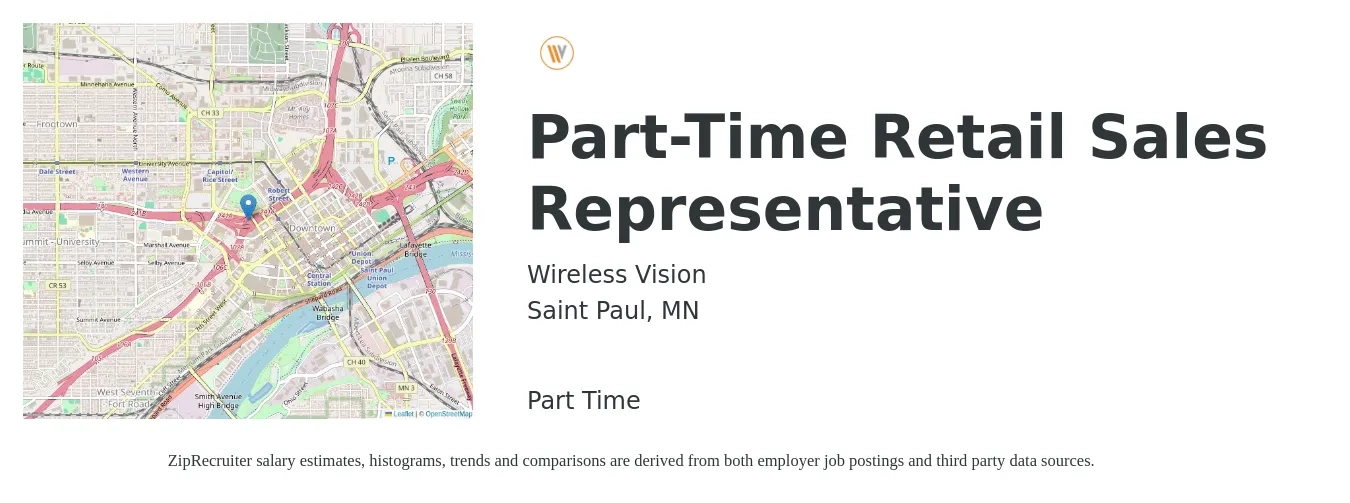 Wireless Vision job posting for a Part-Time Retail Sales Representative in Saint Paul, MN with a salary of $15 to $22 Hourly with a map of Saint Paul location.