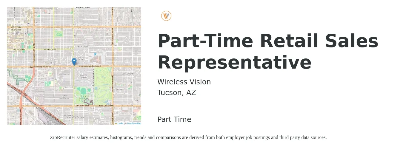 Wireless Vision job posting for a Part-Time Retail Sales Representative in Tucson, AZ with a salary of $13 to $19 Hourly with a map of Tucson location.