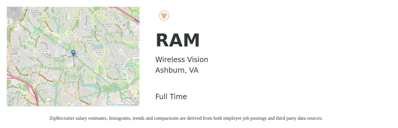 Wireless Vision job posting for a RAM in Ashburn, VA with a salary of $36,300 to $57,800 Yearly with a map of Ashburn location.