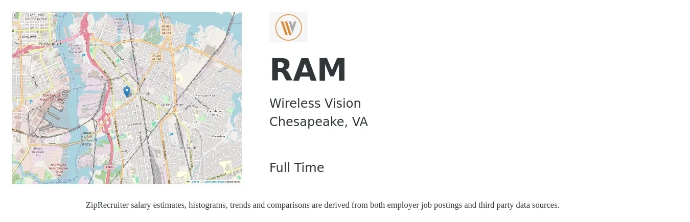 Wireless Vision job posting for a RAM in Chesapeake, VA with a salary of $31,000 to $49,300 Yearly with a map of Chesapeake location.