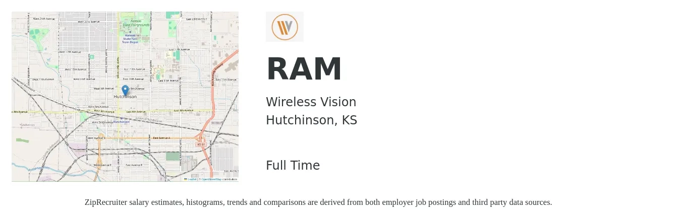 Wireless Vision job posting for a RAM in Hutchinson, KS with a salary of $30,800 to $49,000 Yearly with a map of Hutchinson location.