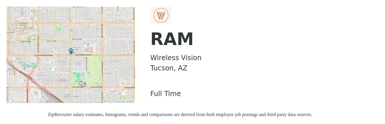 Wireless Vision job posting for a RAM in Tucson, AZ with a salary of $30,500 to $48,600 Yearly with a map of Tucson location.