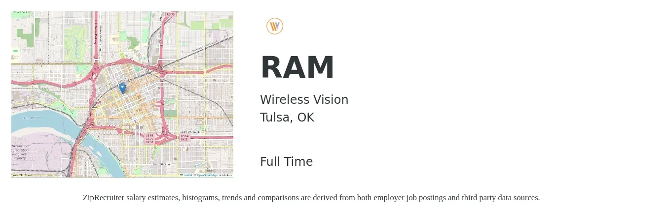 Wireless Vision job posting for a RAM in Tulsa, OK with a salary of $29,400 to $46,700 Yearly with a map of Tulsa location.