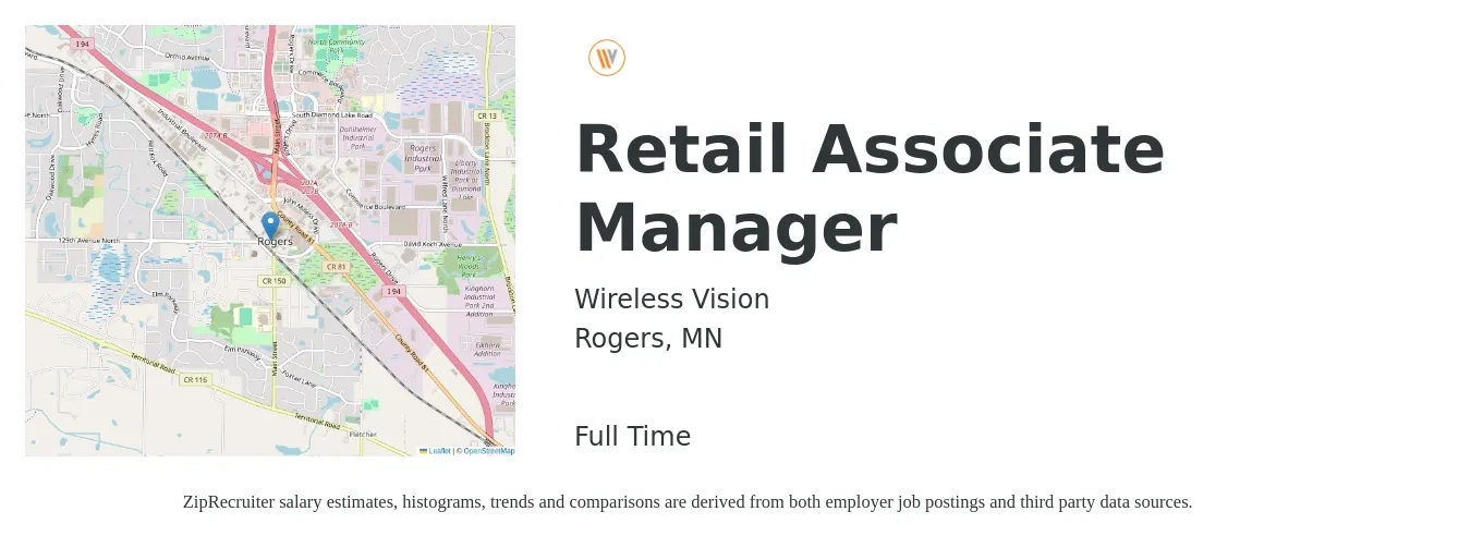 Wireless Vision job posting for a Retail Associate Manager in Rogers, MN with a salary of $17 to $24 Hourly with a map of Rogers location.