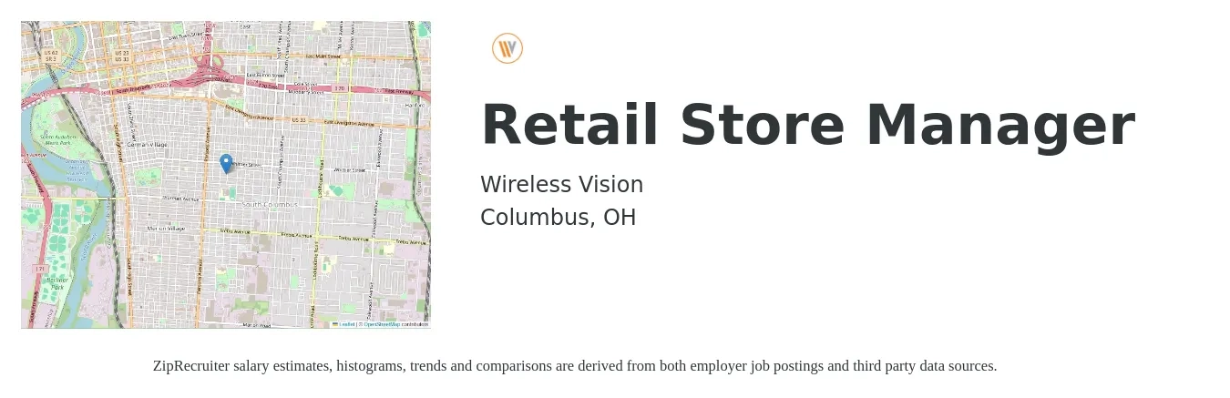 Wireless Vision job posting for a Retail Store Manager in Columbus, OH with a salary of $18 to $27 Hourly with a map of Columbus location.