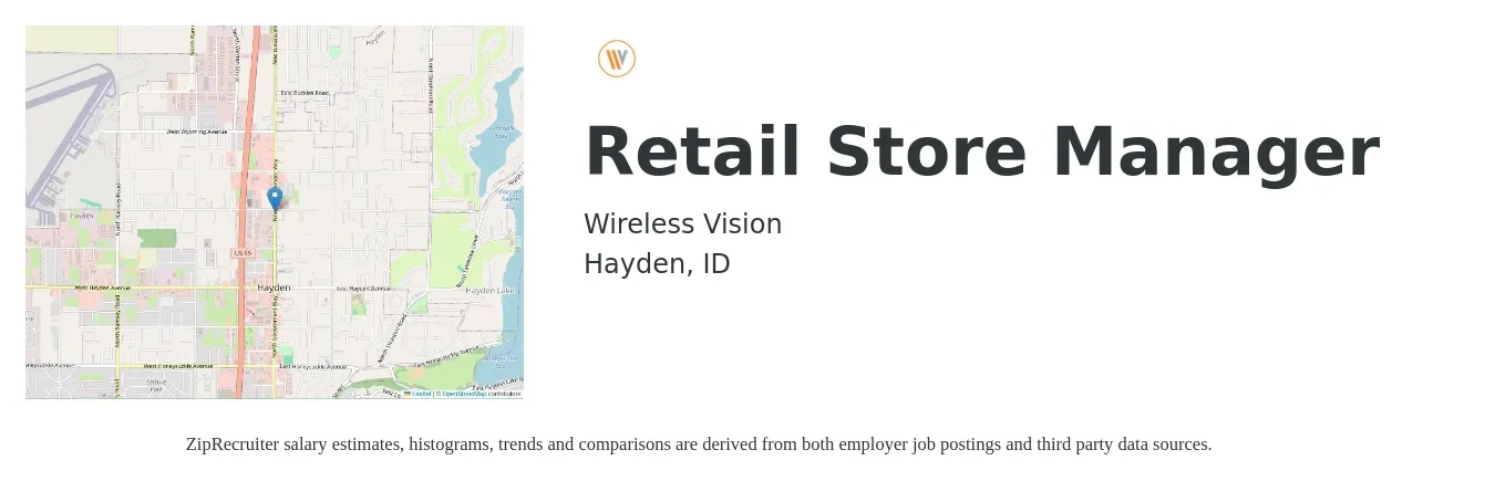 Wireless Vision job posting for a Retail Store Manager in Hayden, ID with a salary of $18 to $27 Hourly with a map of Hayden location.