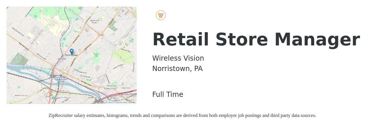 Wireless Vision job posting for a Retail Store Manager in Norristown, PA with a salary of $17 to $26 Hourly with a map of Norristown location.