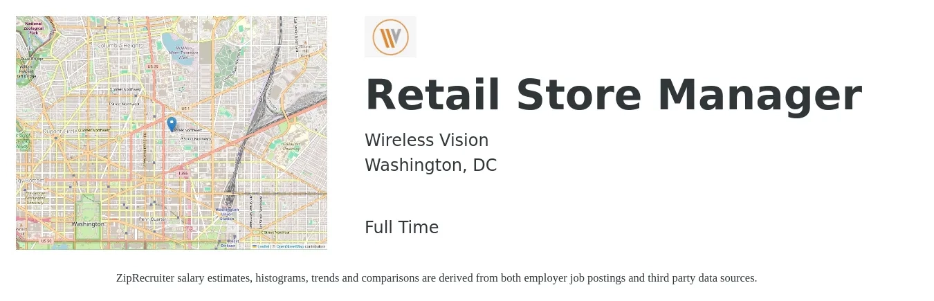 Wireless Vision job posting for a Retail Store Manager in Washington, DC with a salary of $18 to $28 Hourly with a map of Washington location.