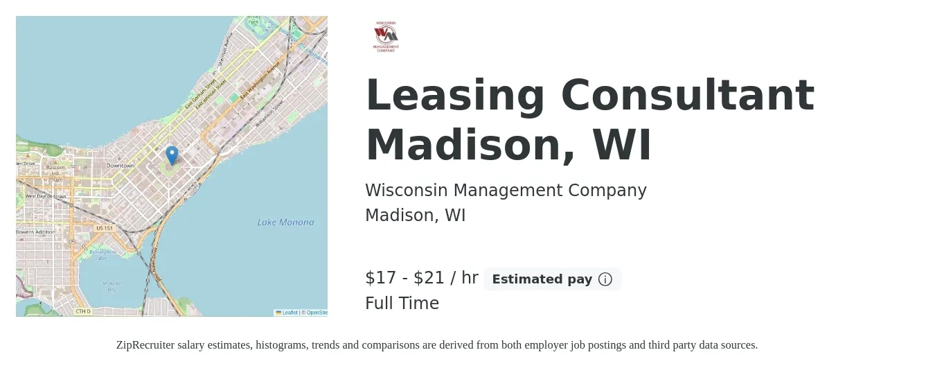 Wisconsin Management Company job posting for a Leasing Consultant Madison, WI in Madison, WI with a salary of $18 to $22 Hourly with a map of Madison location.