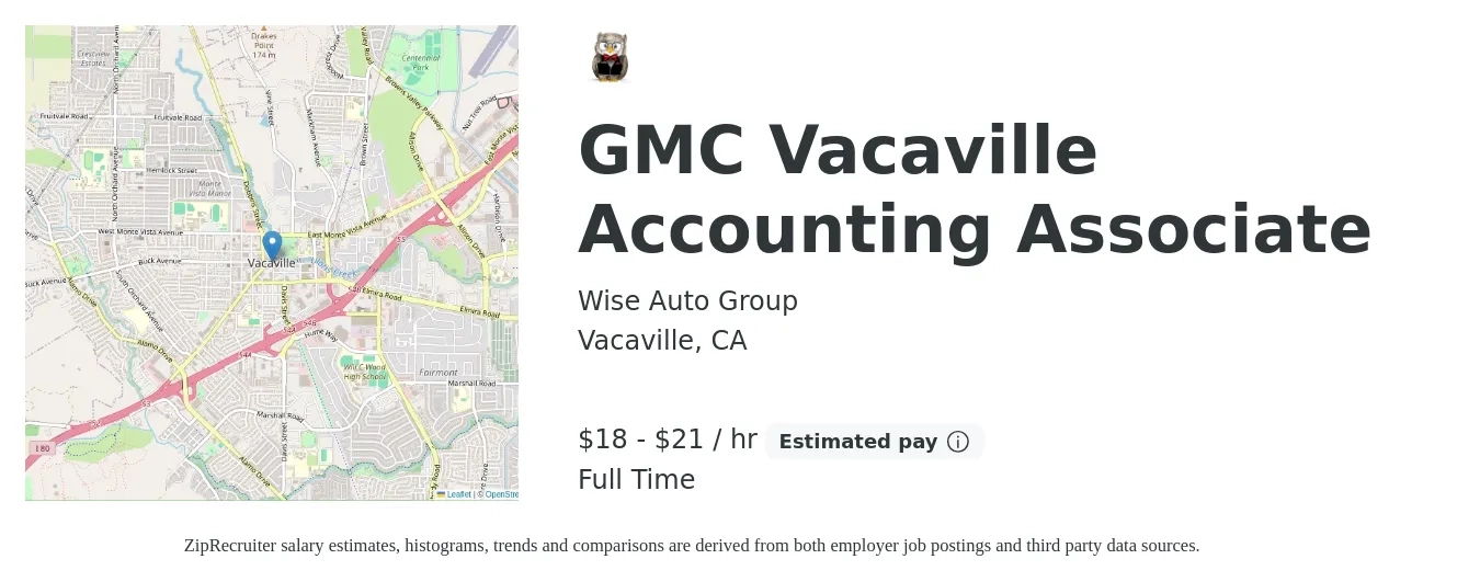 Wise Auto Group job posting for a GMC Vacaville Accounting Associate in Vacaville, CA with a salary of $19 to $22 Hourly with a map of Vacaville location.