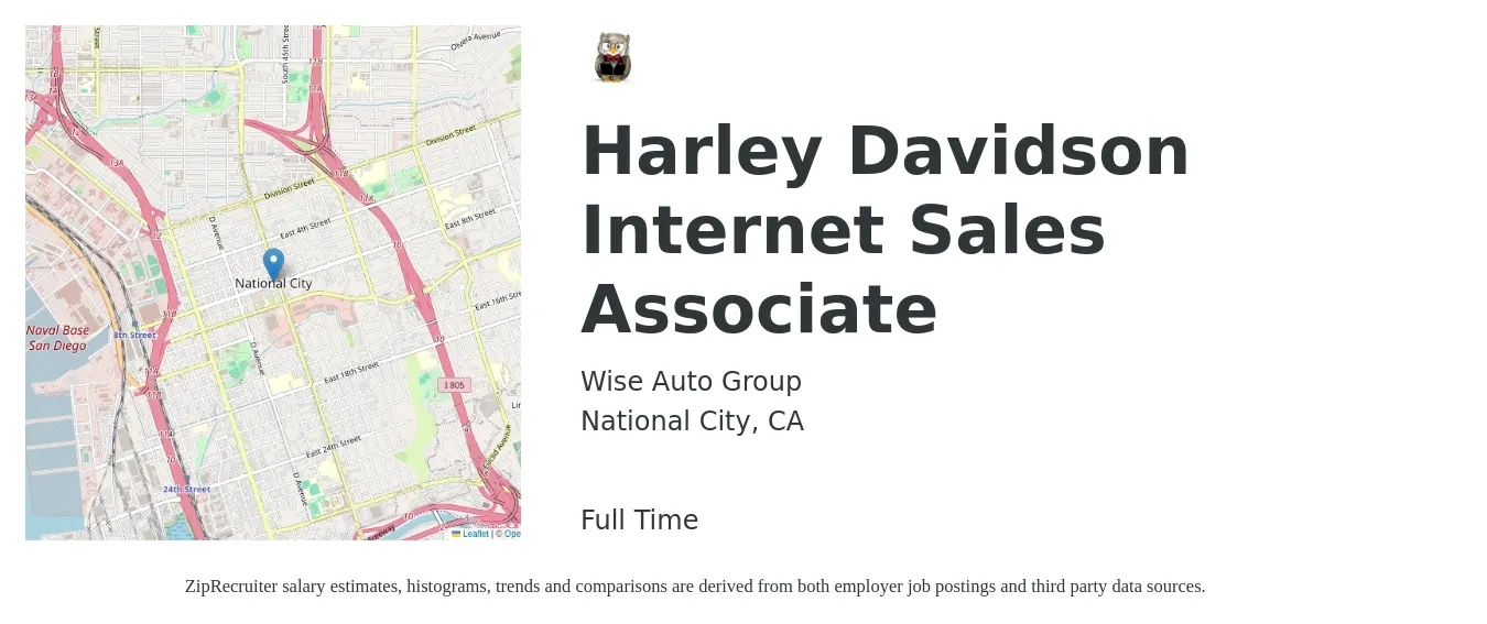 Wise Auto Group job posting for a Harley Davidson Internet Sales Associate in National City, CA with a salary of $48,000 to $124,800 Yearly with a map of National City location.
