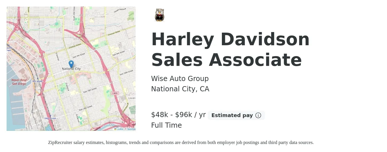 Wise Auto Group job posting for a Harley Davidson Sales Associate in National City, CA with a salary of $48,000 to $96,000 Yearly with a map of National City location.