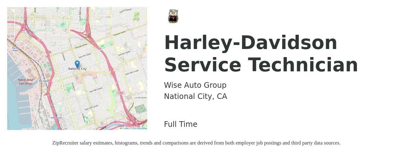 Wise Auto Group job posting for a Harley-Davidson Service Technician in National City, CA with a salary of $18 to $25 Hourly with a map of National City location.