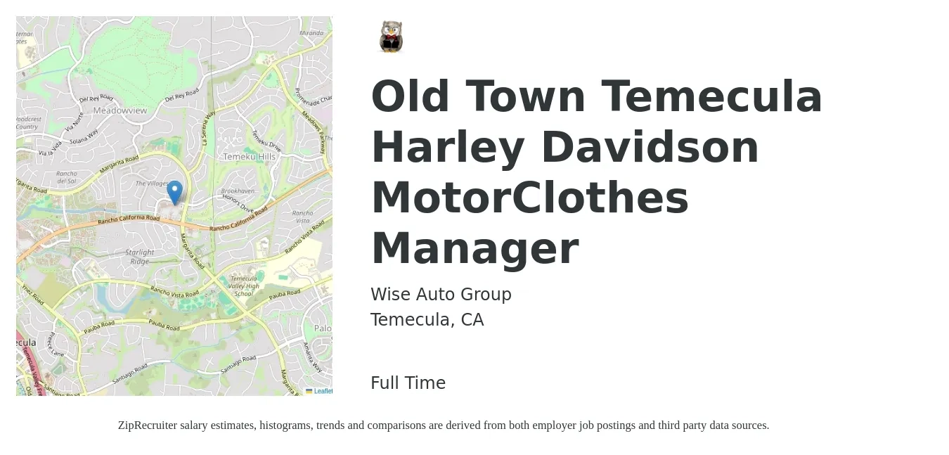 Wise Auto Group job posting for a Old Town Temecula Harley Davidson MotorClothes Manager in Temecula, CA with a salary of $16 to $20 Hourly with a map of Temecula location.